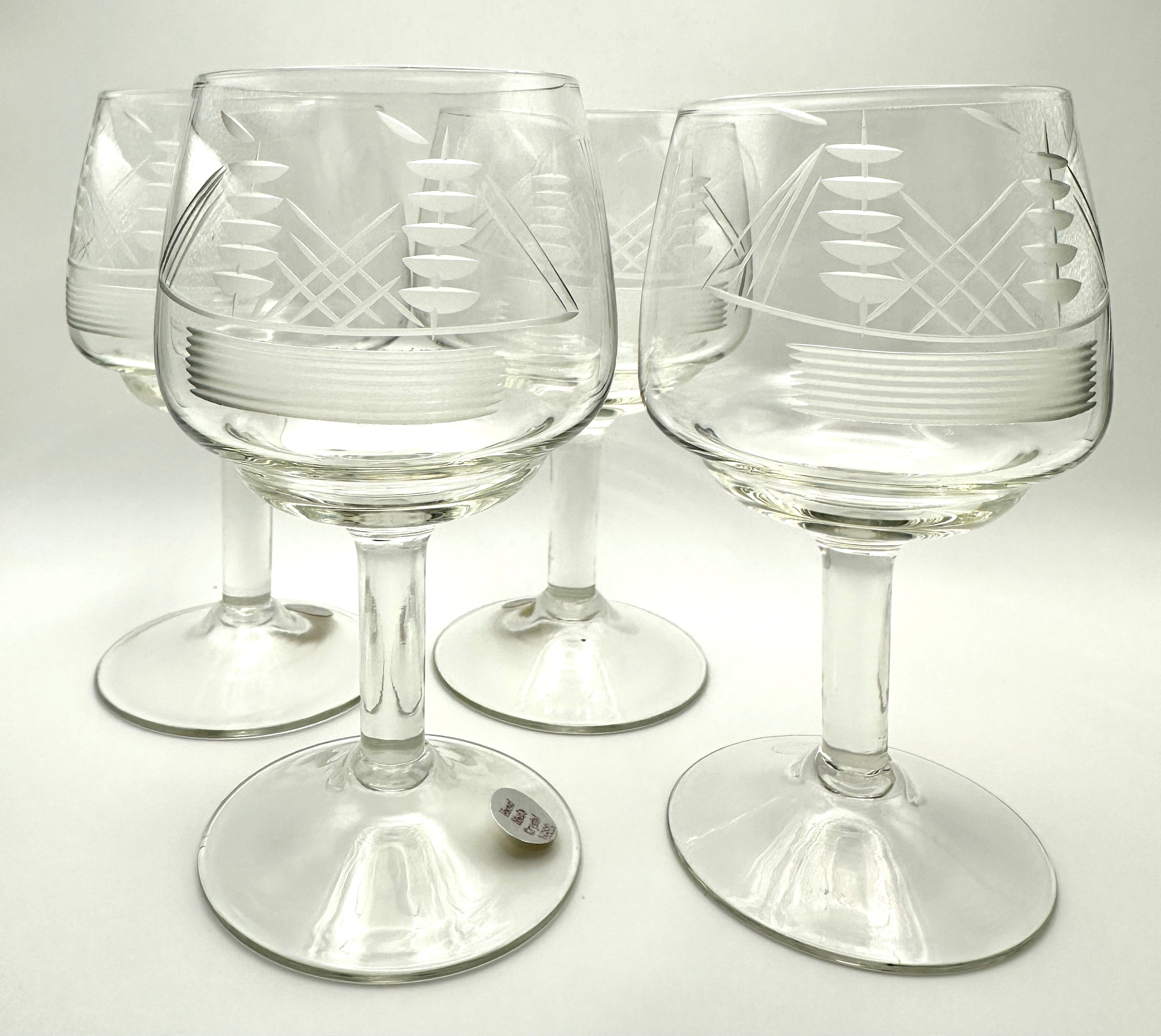 Vintage USSR Hand Made Crystal Sherry or Port Wine Glasses - Etched Clipper Ship