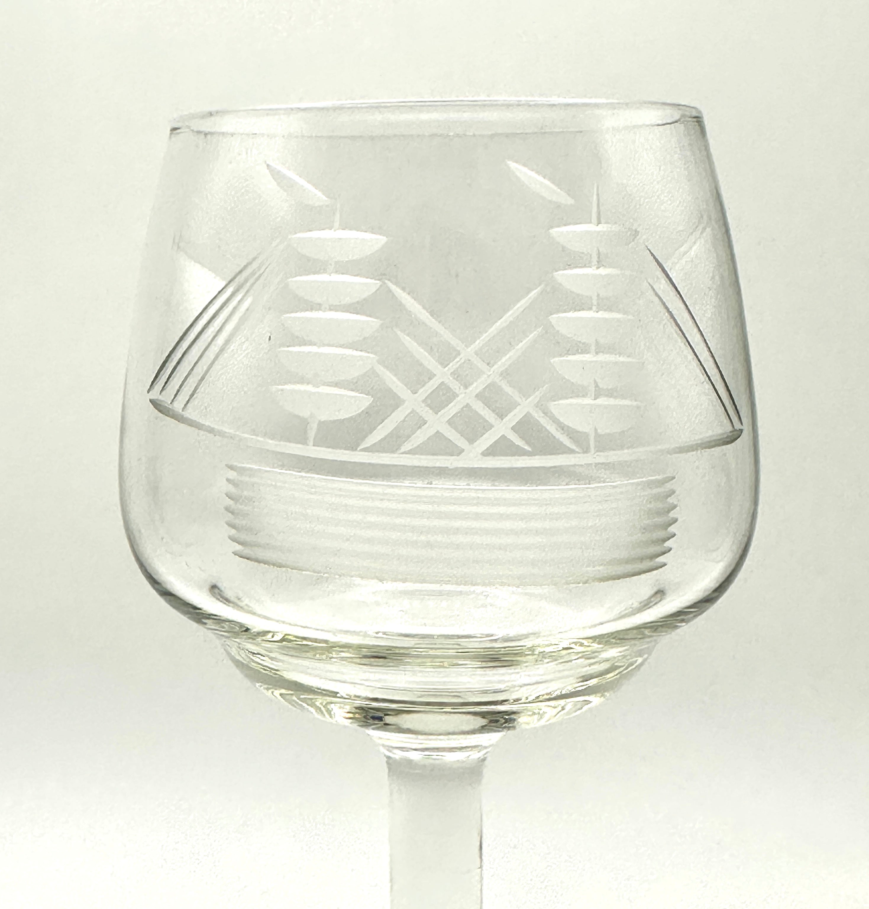 Vintage USSR Hand Made Crystal Sherry or Port Wine Glasses - Etched Clipper Ship